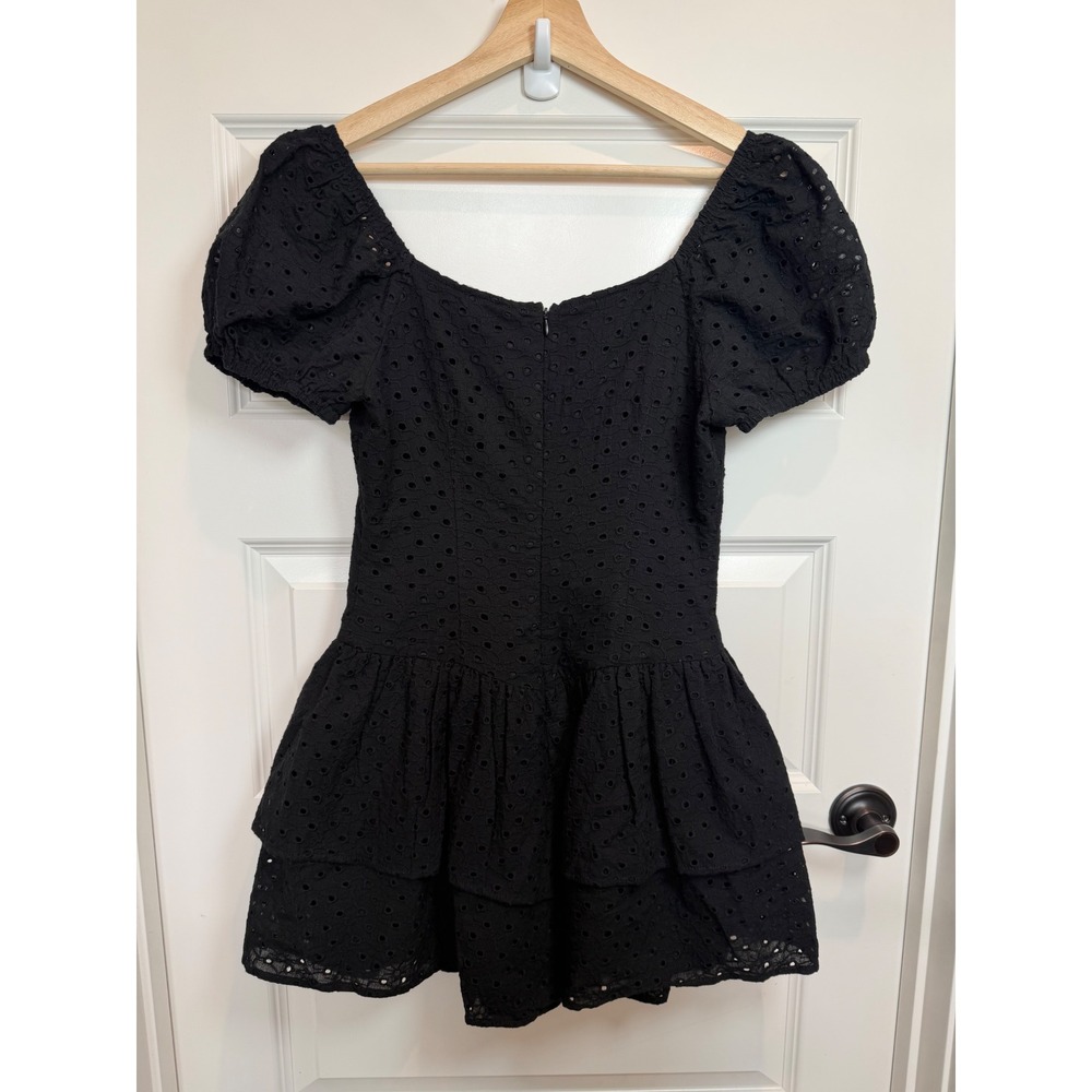 Baby Pink Black Eyelet Lace Tiered Ruffle Puff Sleeve Mini Dress Medium NWT